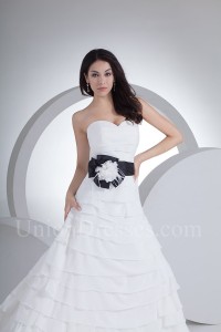 Sweetheart Tiered White Chiffon Ruffle Wedding Dress With Black Sash Flower No Train