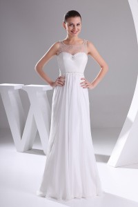 Beautiful A Line Illusion Neckline Beaded White Chiffon Wedding Dress No Train Lace