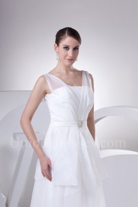 A Line sheer Straps Layered Organza Wedding Dress With Brooch No Train