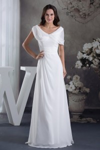 Modest Simple Ruched White Chiffon Wedding Dress With Shawl