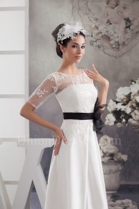 Modest A Line Short Sleeve Lace Top Wedding Dress With Black Sash