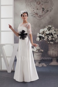 Modest A Line Short Sleeve Lace Top Wedding Dress With Black Sash