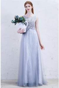 Romantic Scoop Embellished Dusty Blue Lace A Line Prom Bridesmaid Dress With Bow