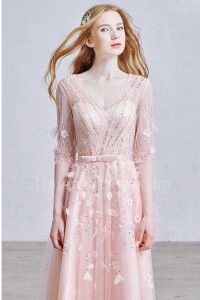 Gorgeous V Neck Half Sleeve Crystal Beaded Blush Pink Tulle A Line Prom Bridesmaid Dress With Flower 