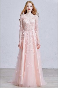 Gorgeous V Neck Half Sleeve Crystal Beaded Blush Pink Tulle A Line Prom Bridesmaid Dress With Flower 
