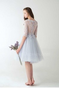 Elegant Boat Neckline Half Sleeve Sheer Back Lace Bodice Dusty Blue Tulle Skirt A Line Prom Bridesmaid Dress