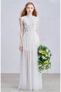Boho High Neck Dotted Tulle Bodice Sheer Skirt A Line Wedding Dress With Butterfly Appliques