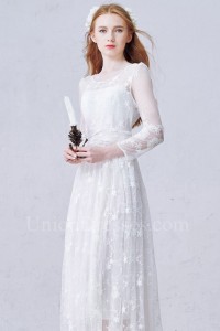 Modest Scoop Long Sleeve Beaded Lace A Line Wedding Dress With Buttons