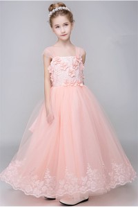 A Line Blush Pink Tulle Lace Flower Girl Dress With Cap Sleeve Straps Bow