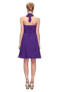 A Line Halter Corset Short Purple Chiffon Party Bridesmaid Dress With Sash