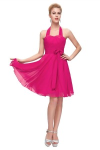 A Line Halter Short Hot Pink Chiffon Party Bridesmaid Dress With Sash