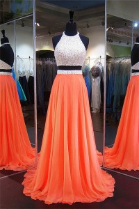 A Line Halter Two Piece Long Orange Chiffon Pearl Beaded Prom Dress