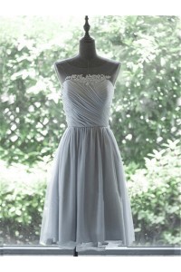 A Line Illusion Neckline Short Silver Chiffon Ruched Party Bridesmaid Dress