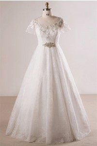 A Line Illusion Neckline Short Sleeve Plus Size Lace Wedding Dress No Train