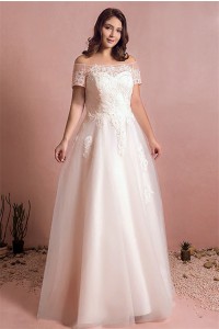 A Line Off The Shoulder Corset Back Tulle Lace Plus Size Wedding Dress Without Train
