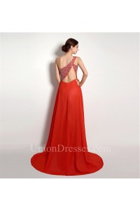 A Line One Shoulder Open Back Long Coral Chiffon Beaded Prom Dress