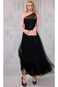 A Line One Shoulder Tea Length Black Tulle Evening Prom Dress