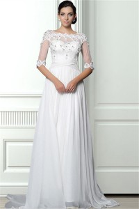 A Line Scalloped Neck Sheer Back Chiffon Lace Beaded Wedding Dress With Sleeves