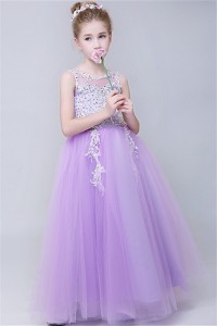 A Line Scoop Neck Lilac Tulle Lace Beaded Flower Girl Dress