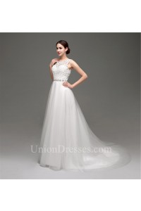 A Line Scoop Neck See Through Back Tulle Lace Applique Wedding Dress Crystals Sash