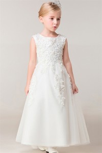 A Line Scoop Neck Tulle Lace Beaded Flower Girl Dress