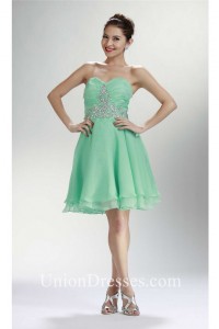A Line Strapless Corset Short Mint Green Chiffon Rhinestone Prom Dress