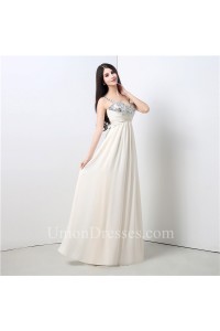 A Line Sweetheart Empire Waist Long Ivory Chiffon Beaded Prom Dress With Straps