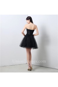 A Line Sweetheart Short Mini Black Tulle Peacock Applique Prom Dress
