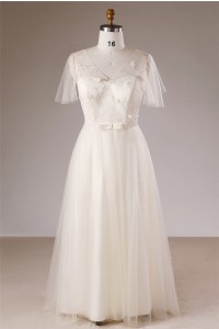 A Line V Neck Butterfly Sleeve Corset Tulle Plus Size Wedding Dress Bow Belt