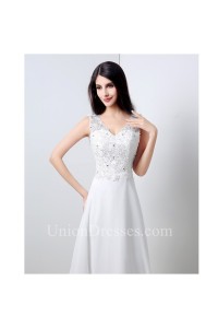 A Line V Neck Cowl Back Chiffon Lace Applique Wedding Dress With Buttons