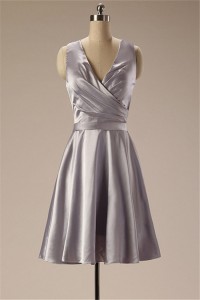 A Line V Neck Full Back Short Silver Silk Ruched Bridesmaid Party Dress
