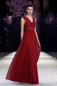 A Line V Neck Long Burgundy Tulle Beaded Evening Prom Dress With Sash