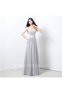 A Line V Neck Long Silver Chiffon Lace Beaded Prom Dress With Sash Straps