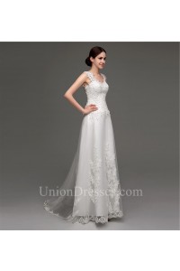 A Line V Neck Sheer Illusion Back Tulle Lace Wedding Dress Sweep Train
