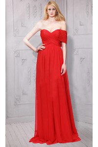 Asymmetrical Off The Shoulder Long Red Chiffon Ruched Evening Dress