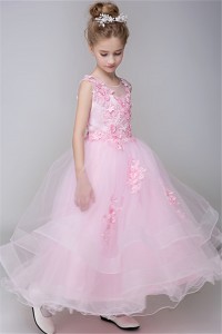 Ball Gown Illusion Neckline Light Pink Tulle Ruffle Lace Flower Girl Dress
