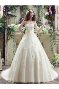 Ball Gown Sweetheart Cream Colored Satin Lace Wedding Dress With Bow Sash