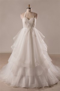 Ball Gown Sweetheart Detachable Halter Organza Ruffle Layered Plus Size Wedding Dress