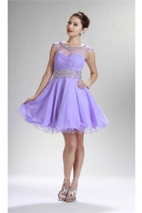 Beautiful Ball Cap Sleeve Open Back Short Lilac Chiffon Beaded Prom Dress