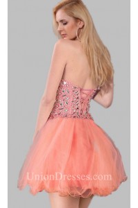 Beautiful Strapless Sweetheart Short Mini Coral Tulle Beaded Prom Dress