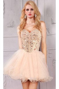 Beautiful Strapless Sweetheart Short Mini Champagne Tulle Beaded Prom Dress