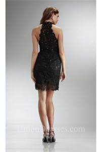 Column Halter Short Black Venice Lace Beaded Prom Dress