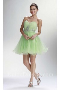 Cute Ball Strapless Short Lime Green Tulle Beaded Cocktail Prom Dress