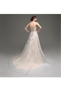  Fantastic A Line Strapless Champagne Satin Tulle Lace Wedding Dress Corset Back