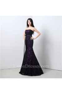 Formal Mermaid Strapless Purple Satin Black Lace Evening Dress With Sash Bow