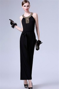 Formal Round Neck Black Jersey Beaded Evening Jumpsuit With Sash