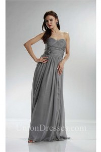 Glamour Empire Waist Long Silver Chiffon Ruched Bridesmaid Dress With Flowers
