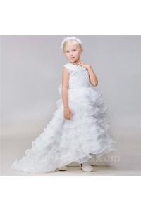 High Low Organza Ruffle Tiered Little Girl Wedding Dress With Train