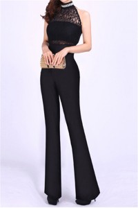 High Neck Black Jersey Lace Beaded Formal Occasion Evening Jumpsuit