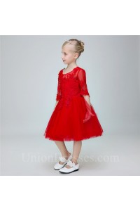 Lovely A Line Scoop Neck Red Tulle Lace Little Girl Dress With Sleeves